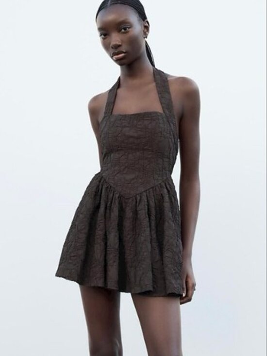 Zara Dresses & Skirts - Zara textured chocolate brown halter mini dress dipped waist small